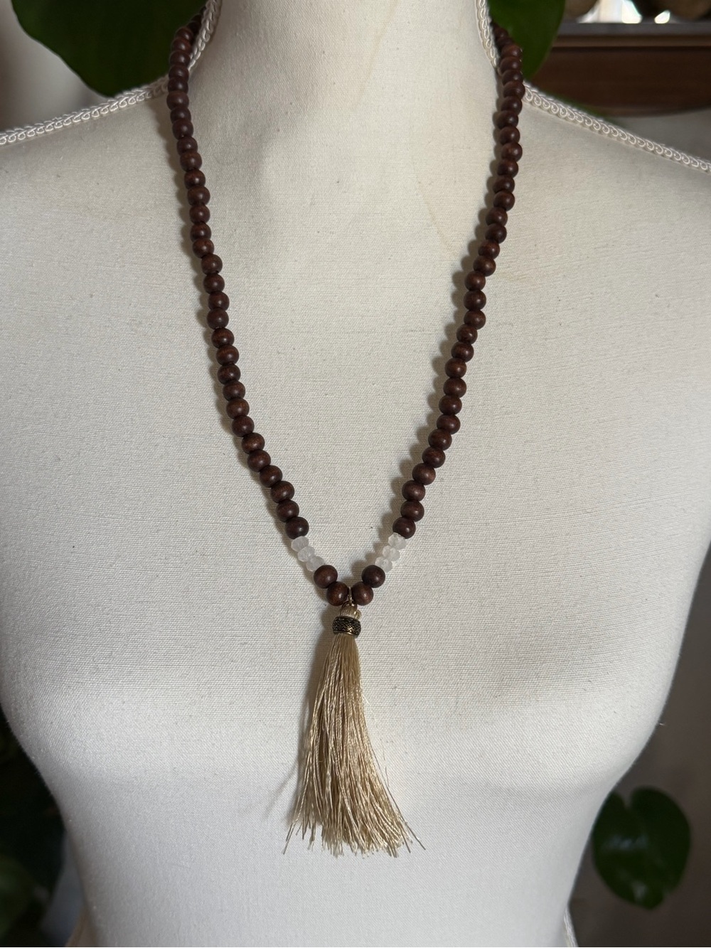 Vintage Asian Brown Wood Beads & Silk Tassel Necklace